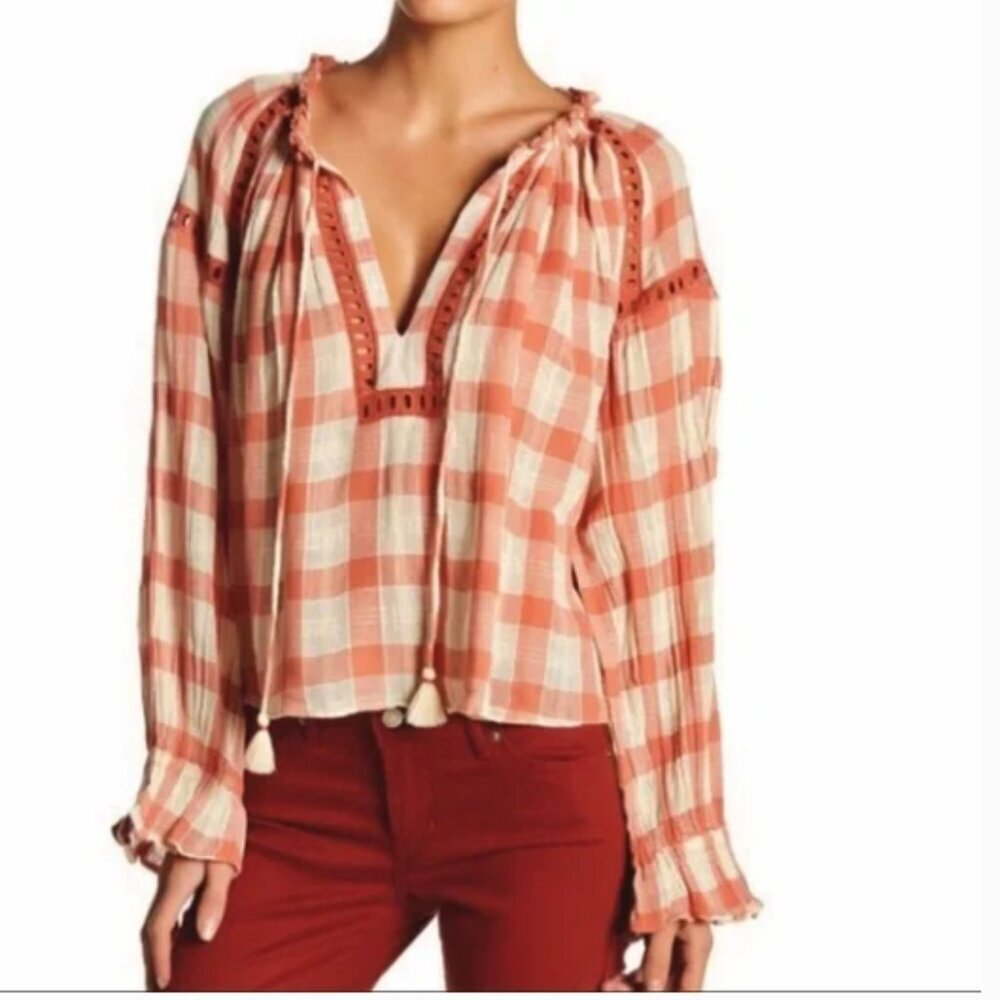 Free People Mauve Plaid Boho Peasant Top